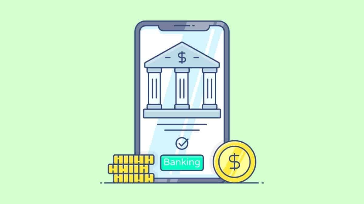 cartoon of a phone with a building society on the screen, with stacks of coins next to the phone.