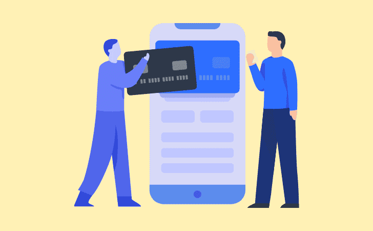 cartoon graphic of two people with debit cards and phone