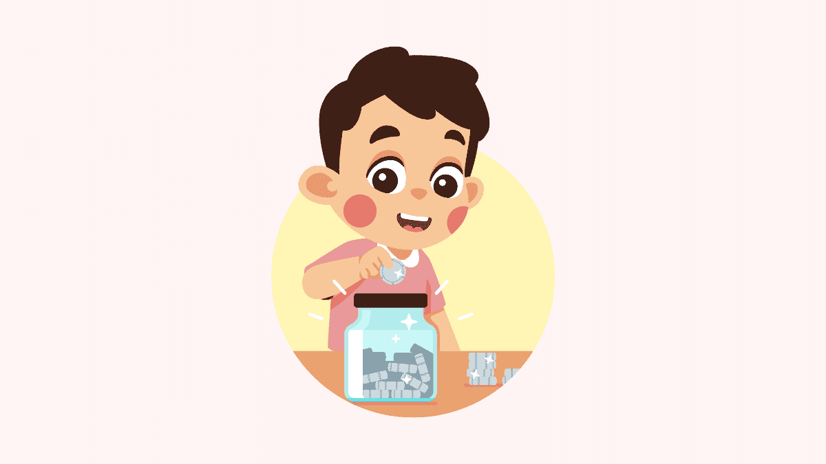 cartoon of a young boy adding a coin to a savings jar