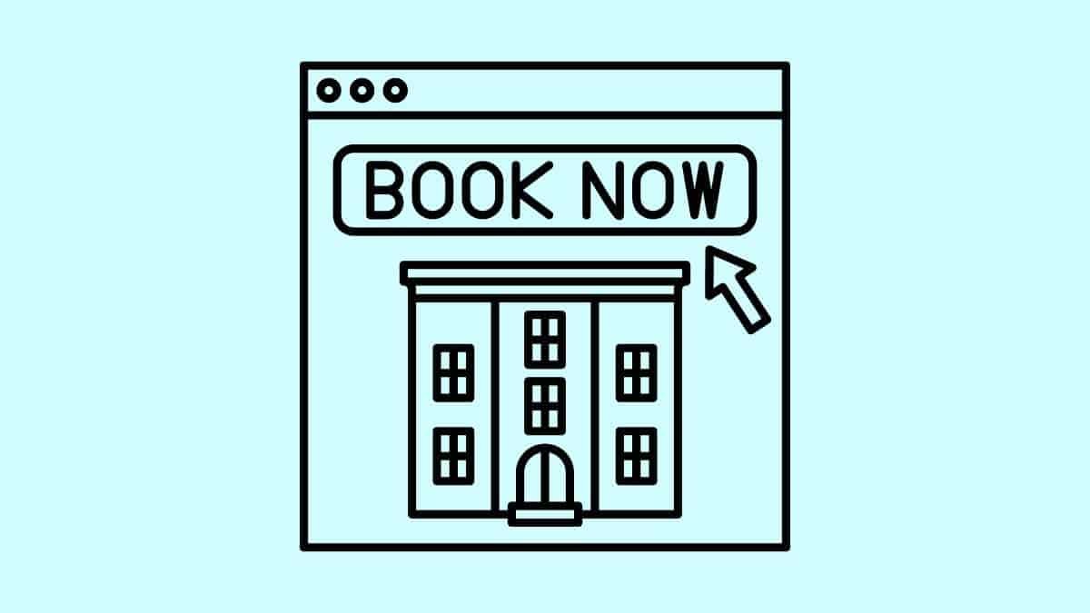 cartoon of an online browser with a book online button and a hotel on the screen