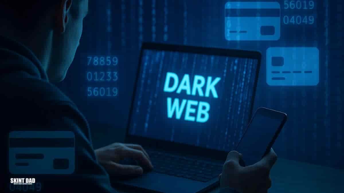 Person using laptop while digital code and bank card icons appear, showing stolen UK bank data on the dark web